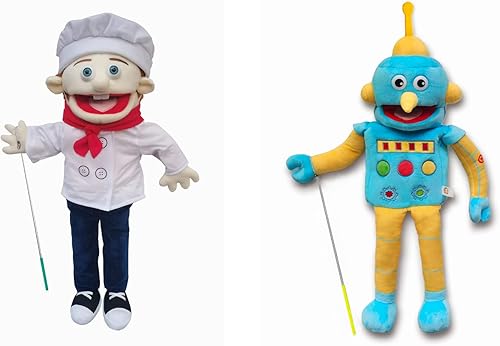 Paquete de marionetas Rodayna de 25 pulgadas, marioneta de chef y robot, cuerpo completo, marioneta estilo ventrílocuo, marioneta de mano con boca