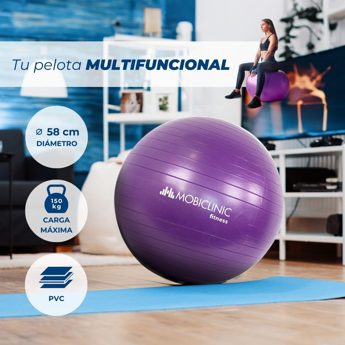 Mobiclinic Pelota de Pilates 58 cm Antideslizante Anti-pinchazos Lavable Morado