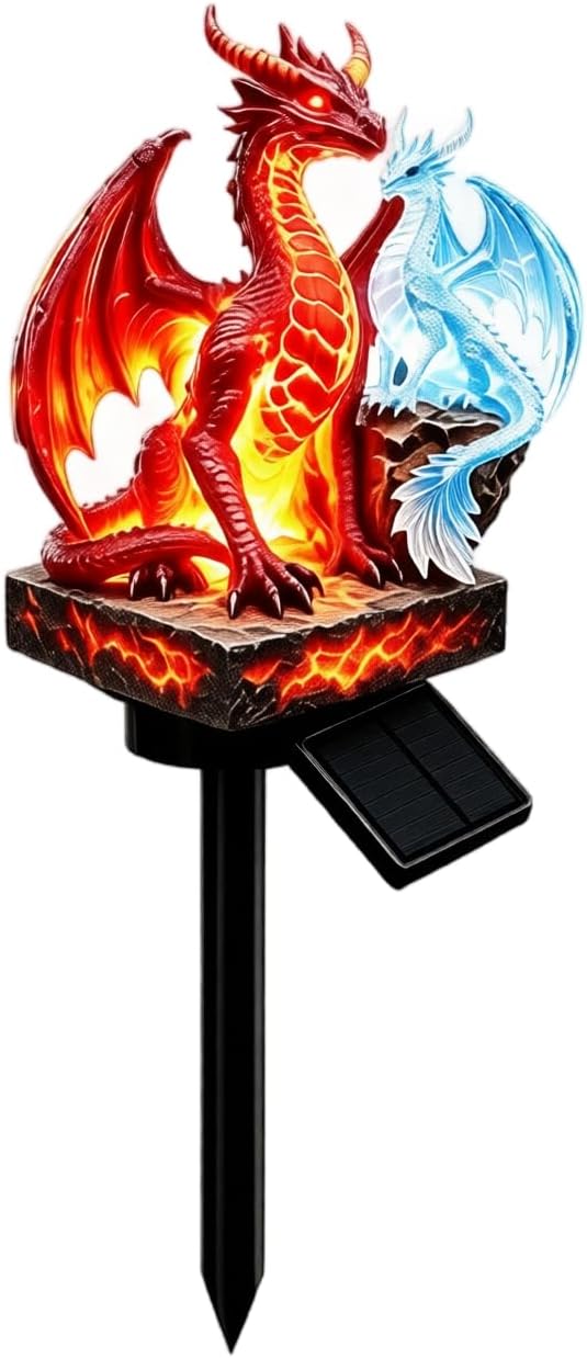 Solar Dragon Garden Stake Lights, Waterproof LED Outdoor Dragon Statue Solar Powered Pathway Lights, Golden Ember Dragon Figurine Lawn Ornament for Yard, Patio, Garden, Halloween Outdoor Decorations