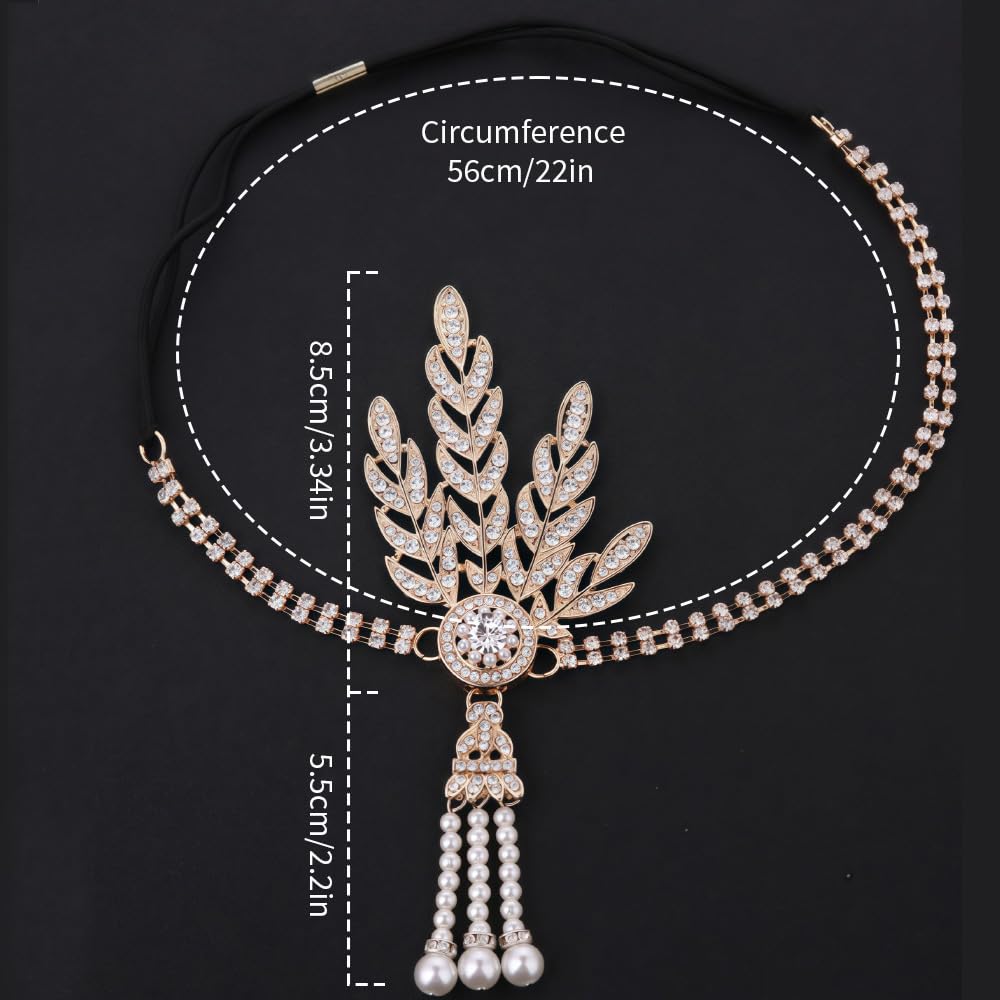 1920s Headband Flapper Headpiece Great Gatsby Accessories Women Gatsby Headband Gold Leaves Headpiece Girls Vintage Themed Party Costume Roaring Fascinator Flapper Girl Hat Pearl Tassel - Image 2