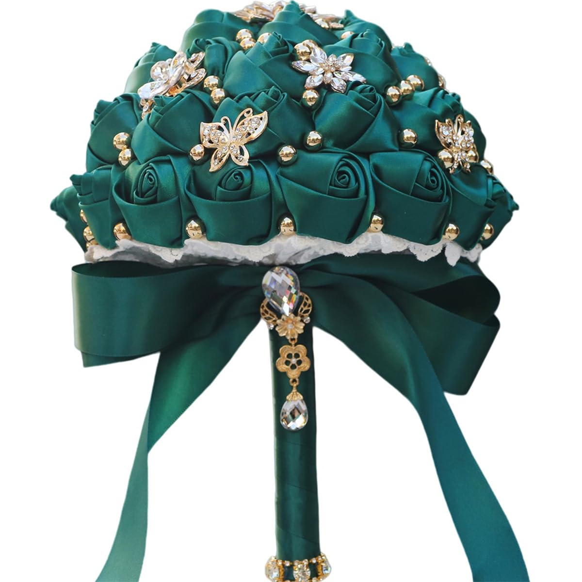 Mhojpik Bridal Wedding Bouquet Round Holding Bouquet Throw Toss Artificial Rose Flower Bunch for Bride Bridesmaid Wedding Quinceanera(Dark Green, 7.1"