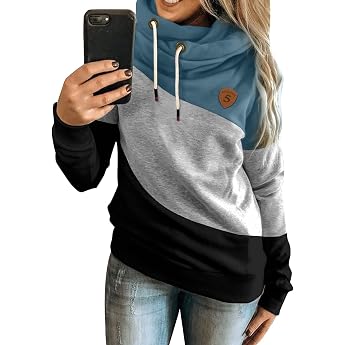 Dokotoo Women's Hoodie Stand-Up Collar Hoodie Pullover Colour Block Sweatshirt Long Sleeve Shirt Tops for Autumn Winter