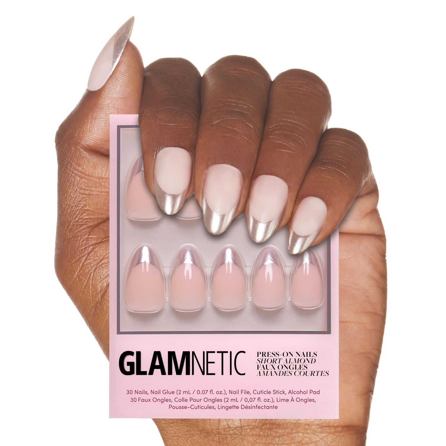 Glamnetic Press On Nails - Mirror Mirror | Trendy Short Almond Fake Nails with Metallic Chrome Silver French Tips | 15 Sizes - 30 Nail Kit with Glue