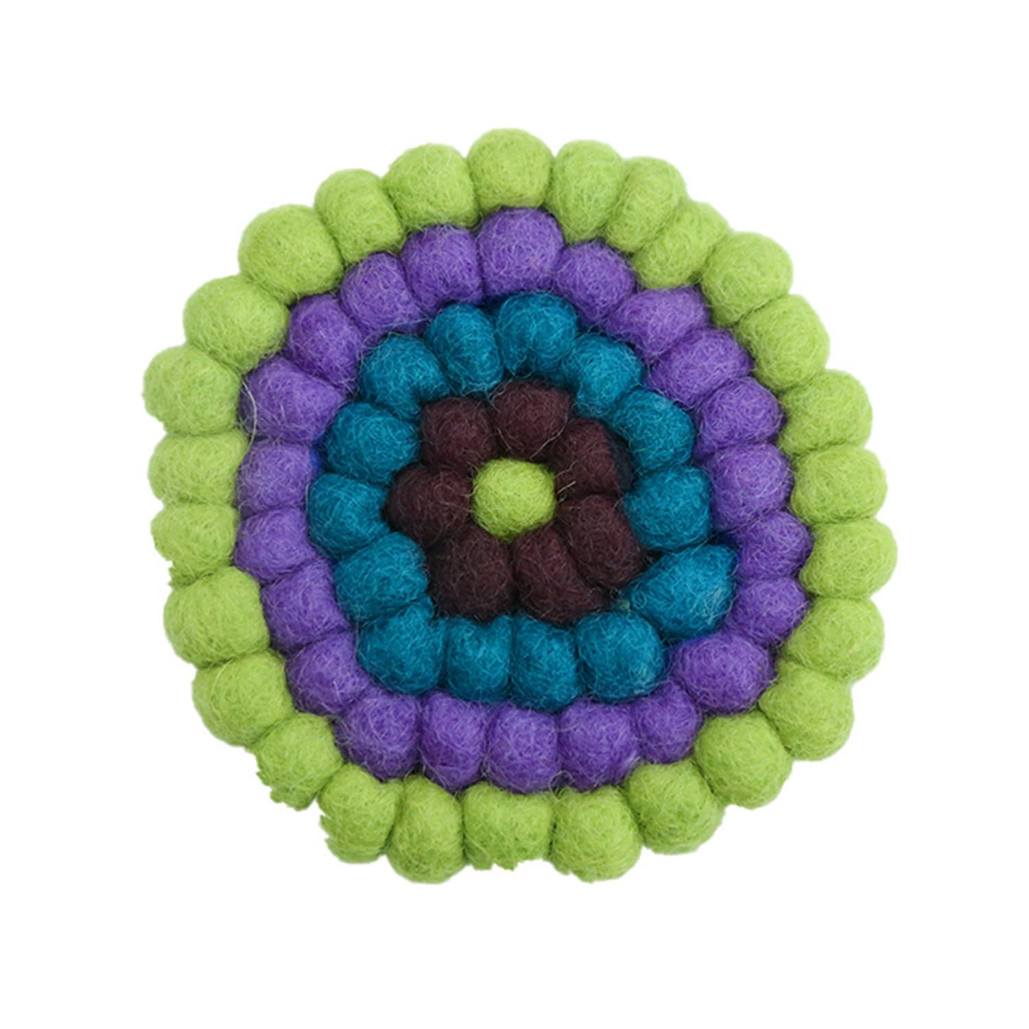 Magicaldiy Green Round Felt Ball Coasters, Wool Felt Ball Colorful Flower Coaster Pads, Handmade Desk Coasters, Wool Coaster For Drinks Table Room Decoration (Green)