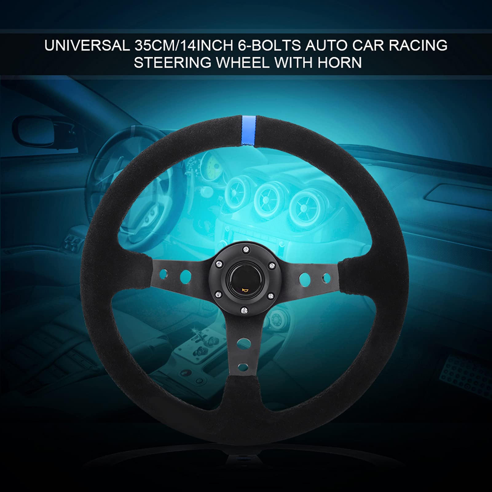 Volante universale da 35 cm 14 pollici a 6 bulloni Volante da corsa per auto con clacson Modifica auto Pelle scamosciata Telaio nero Volante sportivo alla deriva (Blue)