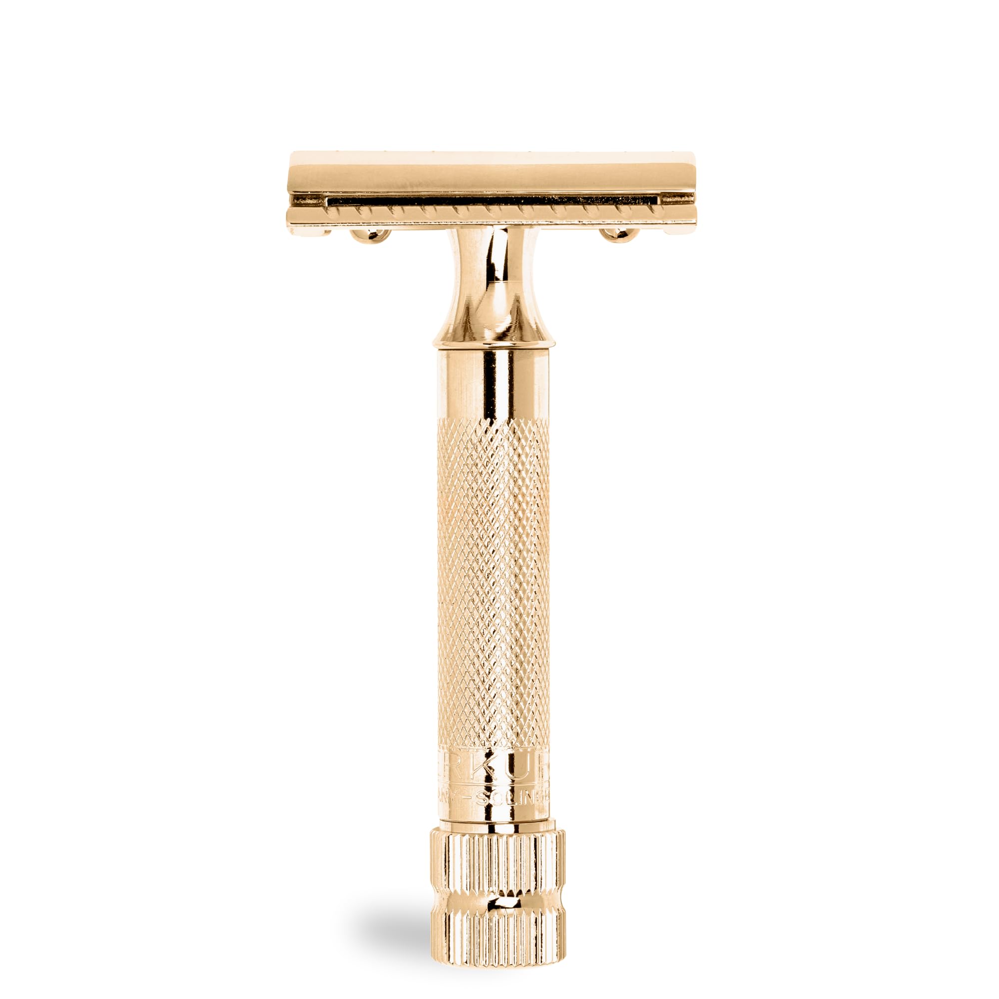 MERKUR Afeitadora de seguridad 34G | Mango compacto dorado brillante | Afeitadora de tres partes con corte recto | Peine cerrado | Ideal para afeitado húmedo | Zinc fundido a presión | Mango de latón