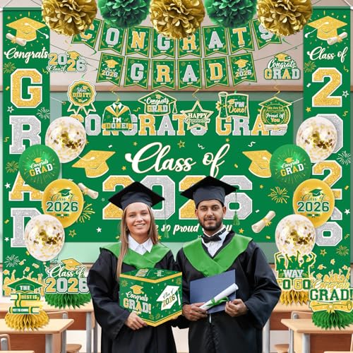Image of Graduation Decorations Class of 2026 Green and Gold Graduation Decorations with Congrats Grad Banner,Backdrop,Porch Sign,Balloons,Hanging Swirls,Honeycomb Centerpieces,Box for Graduation Party Decor