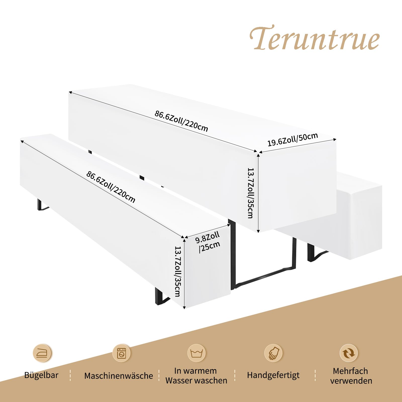 Teruntrue 3er-Sets Biertischhussen Bierbank-Auflage,Weiß Biertisch und Bankgarnitur Husse für 50x220cm Tischbreite für Festzeltgarnituren Bierbank Hussen(Weiß, 3 Packungen)