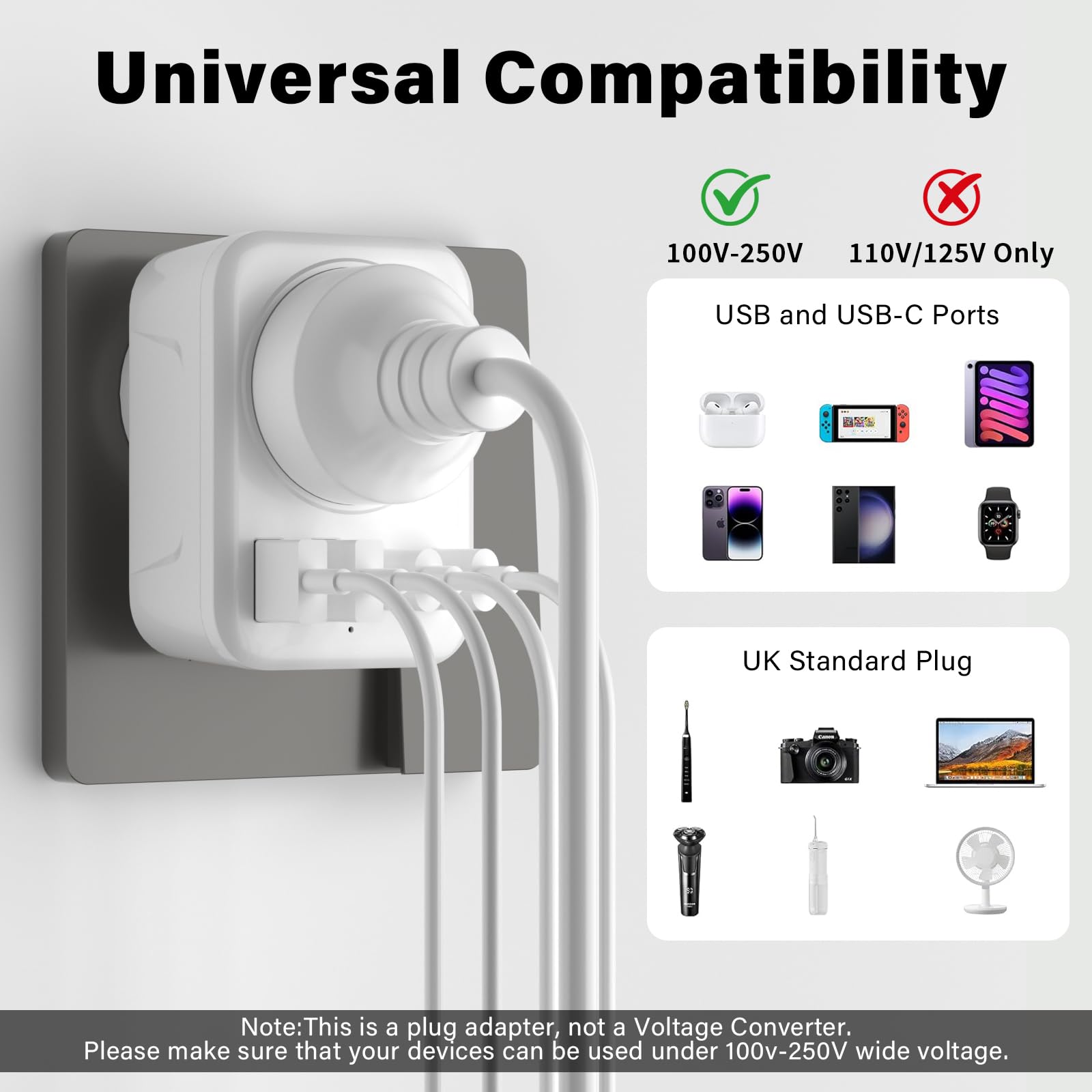 UK To European Plug Adapter,5 IN 1 European Travel Adaptor with 2 USB C & 2 USB A,Grounded EU Plug Adapter for Germany Spain France Turkey Greece etc (Type E/F) — view 3