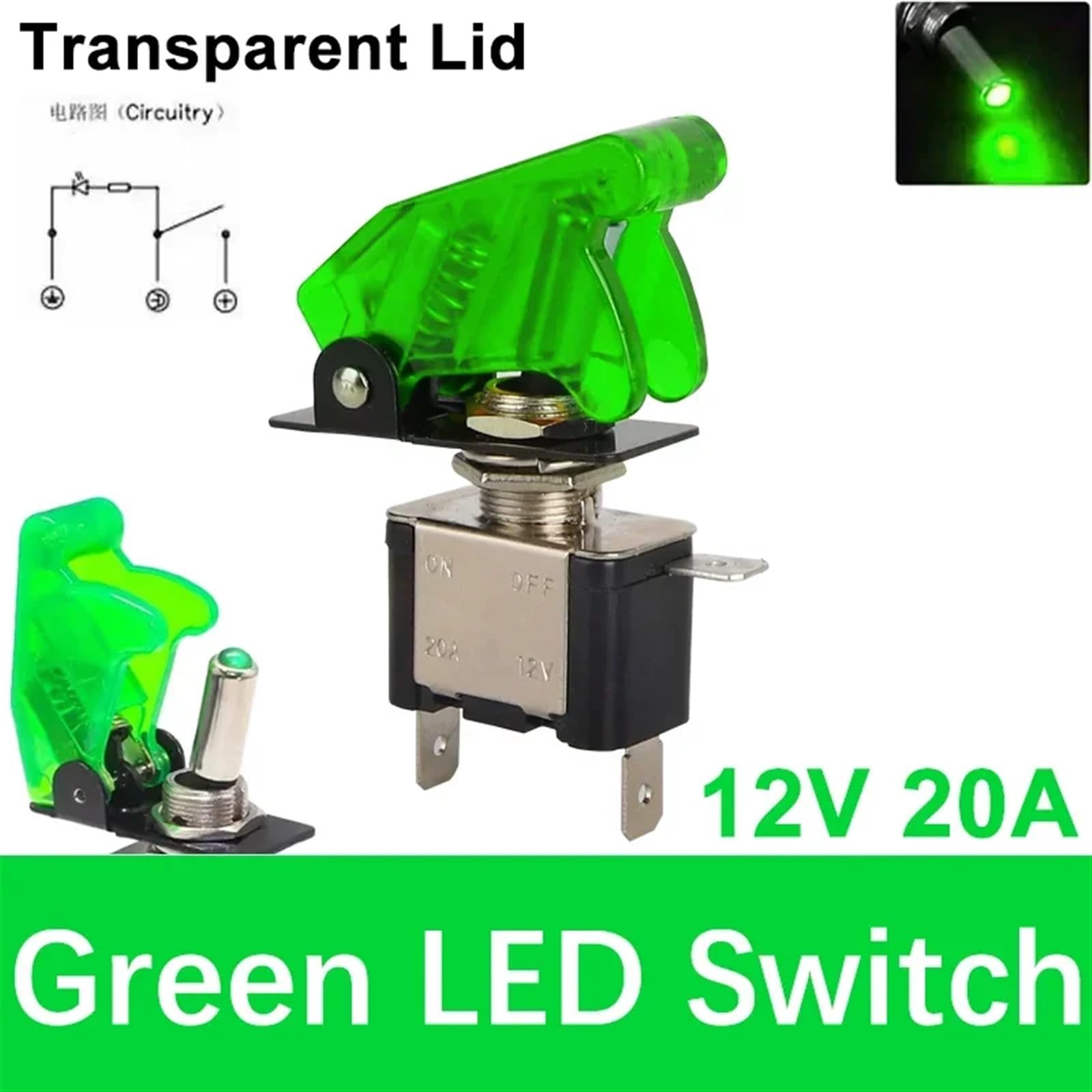 5 zestawów 20 A 12 V LED przełącznik dźwigienkowy podświetlany przełącznik sterujący ON/OFF + pokrywa przechylana (zielony przełącznik w lid)