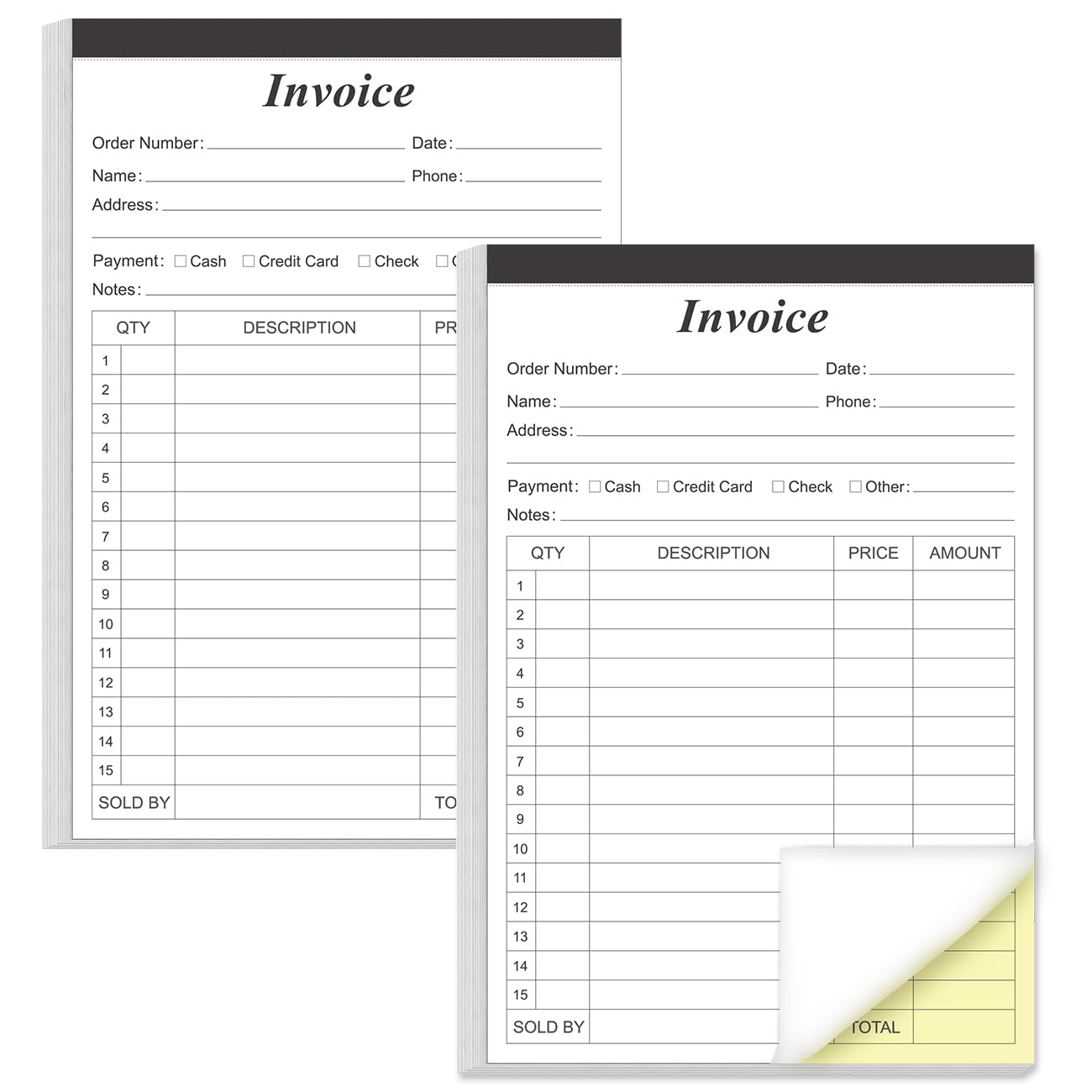 (2-Pack) Invoice Receipt Book with Cardboard 2-Part Carbonless, 5.5" x 8.5" Order Forms, 100 Sheets Carbonless Sales Invoice Book for Small Business