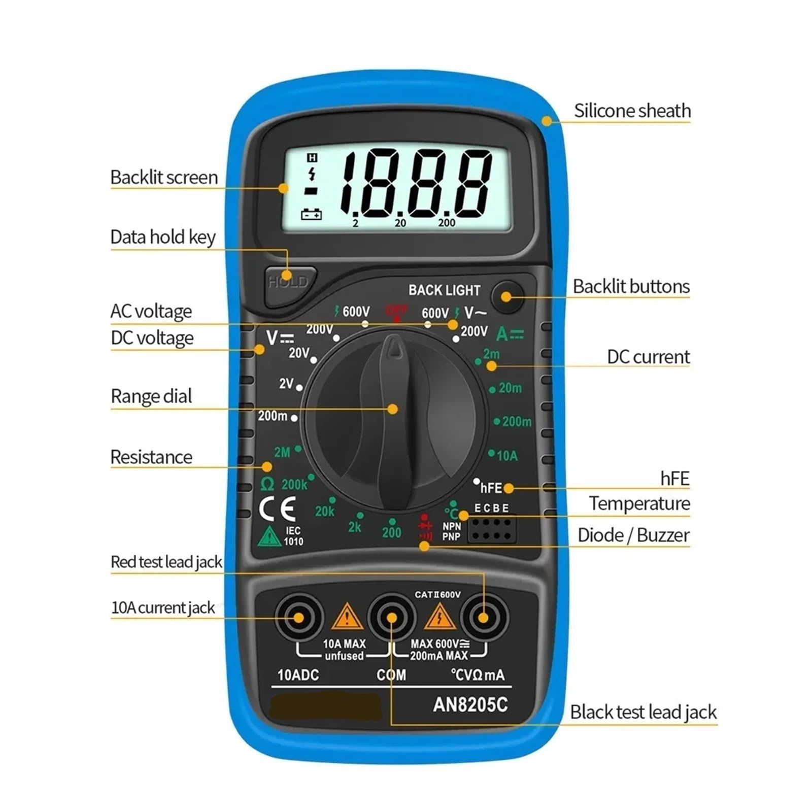 8205C Multimetro LCD tester hFE AC DC miernik napięcia multimetr cyfrowy 1999 liczenie amperomierz, termometr narzędzie (8205C czerwony)