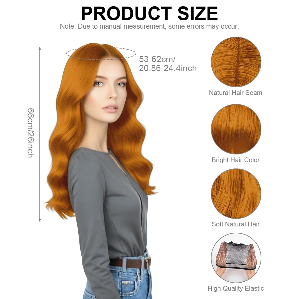 AUYAO Long Wave Wig for Women Synthetic Fiber Long Wavy Hair Wig Middle Part with No Bangs Curly Hair Wigs Fancy Dress Synthetic Hair for Party Costume Anime Halloween Christmas Carnival(Orange) - Image 3