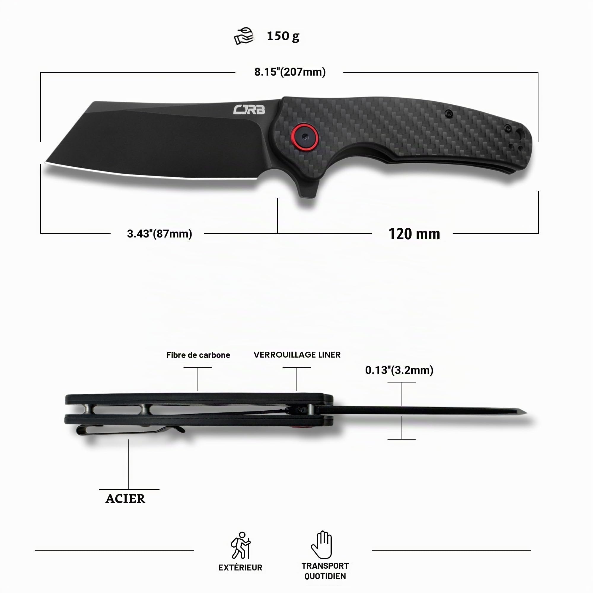 CJRB Crag Folding Pocket Knife, 8.2cm AR-RPM9 Steel Blade Carbon Fiber Handle EDC Knife with Pocket Clip for Men Women Camping Survival Hiking, Black (J1904)