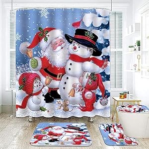 GUDAGUU  4 Piece Christmas Shower Curtain Bathroom Decorations Sets,Santa Claus and Snowmen Bath Decor with Toilet Seat Cover Rug Xmas Theme Rustic Gnome Bathtub Room Accessory Complete Kit (G7)