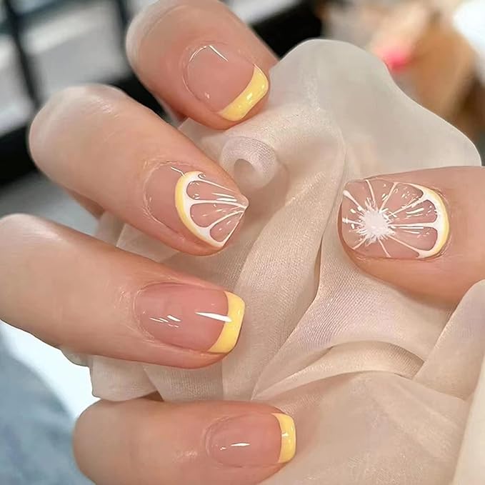 YOSOMK Yellow Fake Nails Short Square Press on Nails