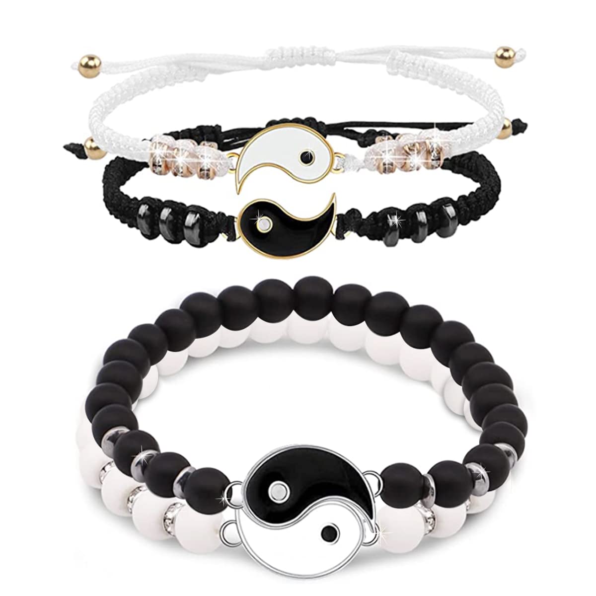 ForreenYin Yang Adjustable Cord Bracelet, 4 Pcs Couple Bracelets Handmade Braided Fashion Cute Best Friend Bracelet for Boyfriend Girlfriend Best Friend Valentines Day Presents, Stone Zinc