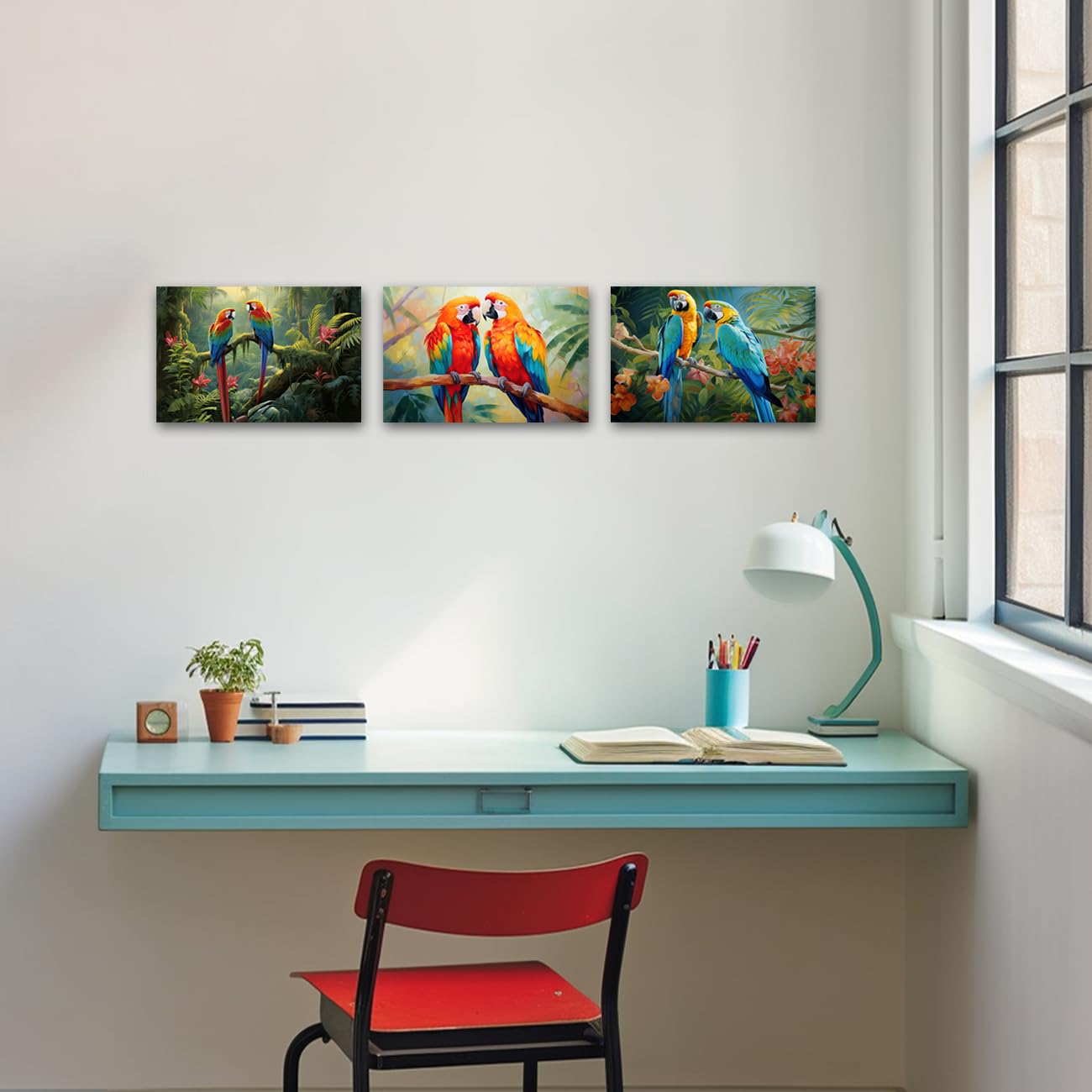 CXHOSTENT Parrot Canvas Wall Art set of 3 Parrot Couple on Branch Painting Tropical Rain Forest Animal Pictures Prints Colorful Birds Artwork Framed (Parrot-2 - Image 4