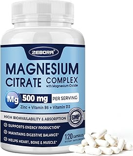 ZEBORA Magnesium Citrate Complex 500mg with Vitamin D3 B6 & Zinc | Magnesium Supplement for Sleep, Muscle, Heart, Bone & Metabolism Support | 120 Capsules, 4-Month Supply, Vegan, Non-GMO, Gluten Free