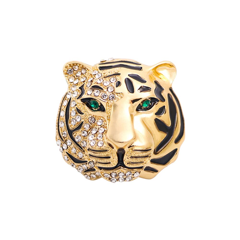 Vintage Crystal Black Enamel Tiger Head Brooch Pin Gold Tone Wild Cat Leopard Badge Lapel Pin for Men
