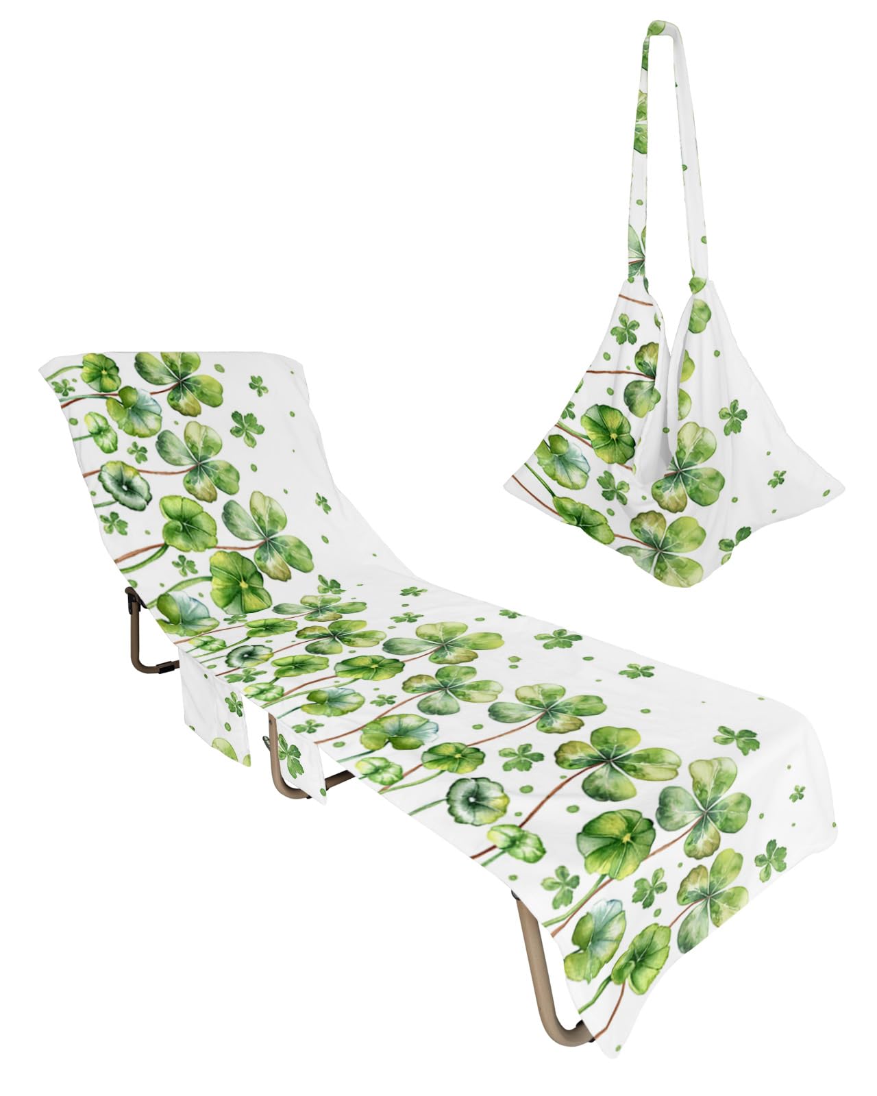 Green Lucky Clovers St. Patrick's Day Beach Lounge Chair Towel Cover, Soft Chaise Lounge Towel with Side Pockets Patio Pool Chairs Cover for Beach/Pool Sunbathing 29x85 Spring Summer Botanical