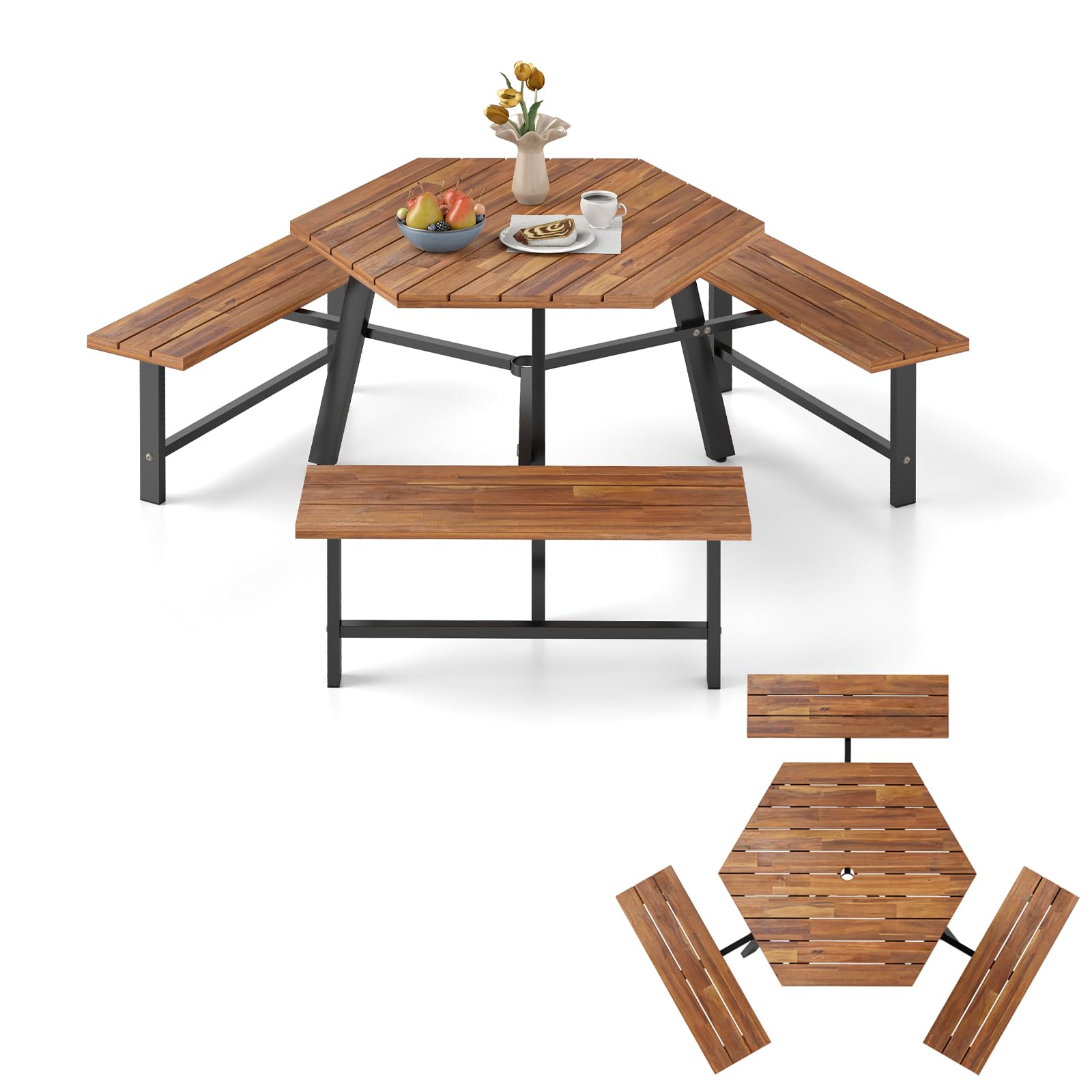 KOMFOTTEU Set di mobili per 6 persone, set da picnic in legno di acacia con foro per ombrellone, set da tavolo e 3 panche per giardino, terrazza, 191 x 165 x 70 cm