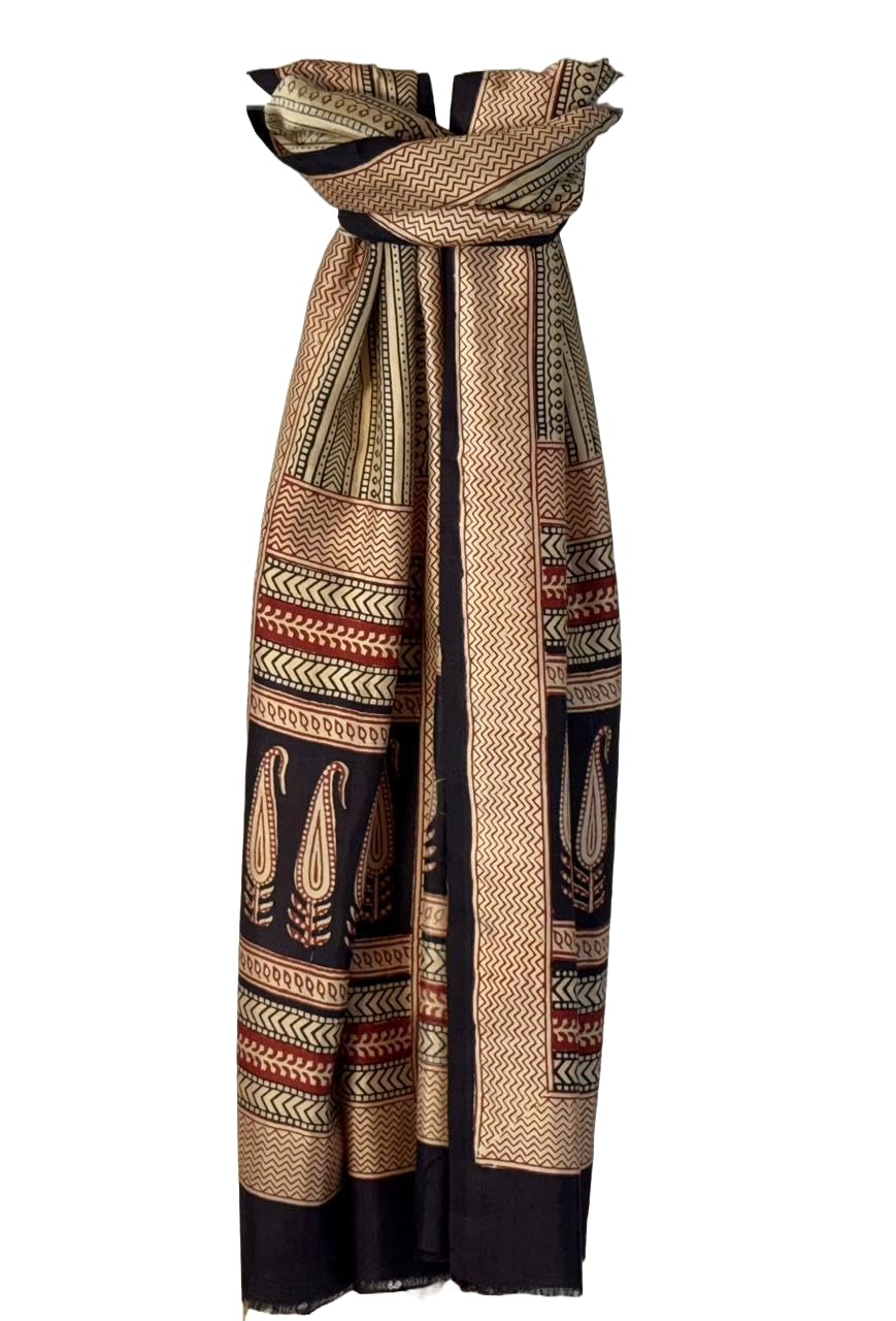Ratnam's Natural Mulberry Silk Stole – Traditional Handwoven and Natural dye Bagh Craft Printed | Beige & Black with Zig Zag Design-image-21