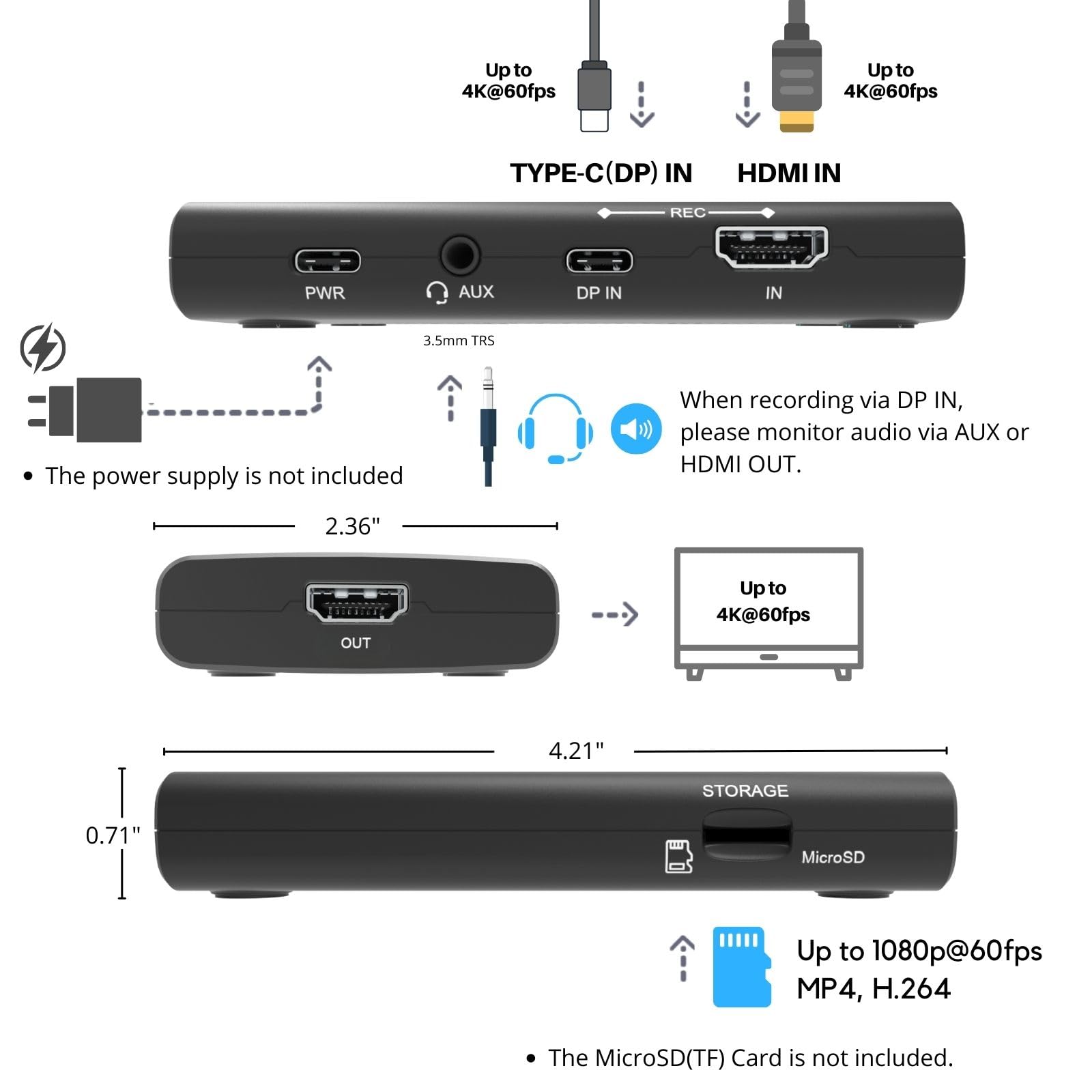 ClonerAlliance RecDual Dongle, mini enregistreur vidéo autonome à double entrée 1080p @ 60 fps avec passthrough 4K @ 60 fps, HDMI et USB Type-C DP Capture. Programmation et enregistrement en boucle.