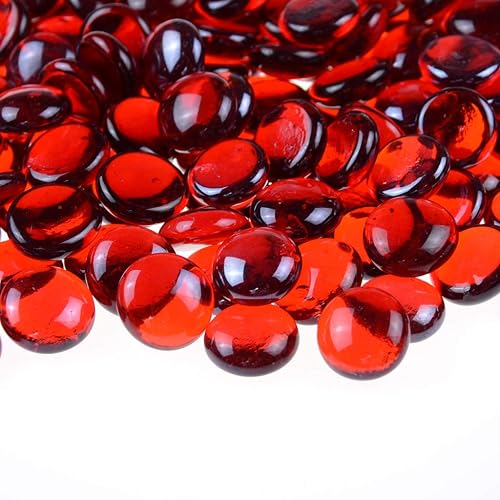 KINGOU Flat Glass Gems/Marbles/Stones/Beads for Vase Filler, Table Scatter, Games - 1 Lbs (17-19mm, Approx. 3/4")-Red
