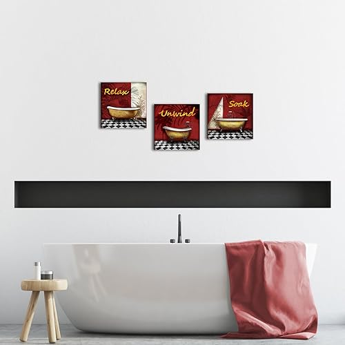Miniatura 6 de SkenoArt Decoración de pared de baño rojo y negro, 3 piezas, para relajarse, relajarse, remojar, remojar, arte de pared, decoración de baño burdeos,