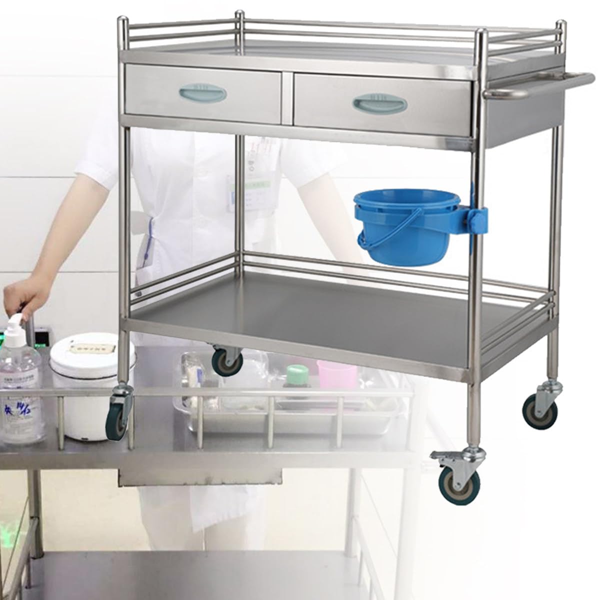 Rollwagen aus Edelstahl mit Schubladen, 2 Schichten medizinischer Wagen für den zahnärztlichen Gebrauch, feststellbare Räder und Eimer, ideal für Labor- und medizinische Anwendungen