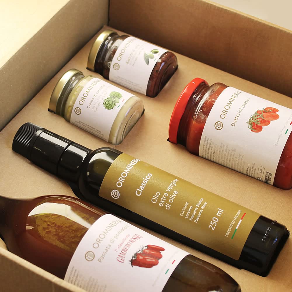 OROMINERVA - Box Passione - Confezione regalo alimentare con prodotti tipici, specialità italiane: olio EVO, creme, passata di pomodoro