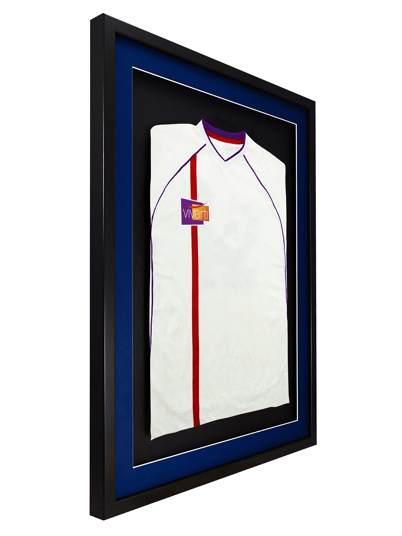 Vivarti DIY Junior - Marco de exhibición deportivo montado en 3D para fútbol, rugby, camiseta de banda, caja de sombra, 50 x 70 cm, marco negro, soporte azul, tarjeta trasera negra