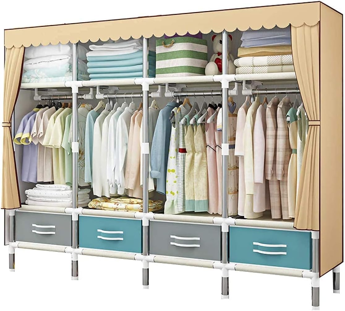 Folding Wardrobe Wardrobe Portable Cloth for Bedroom Steel Pipe Clothes Hanging Rod Cabinet Closet Storage Organizer Shelf for Clothes Shoes Hats Blue