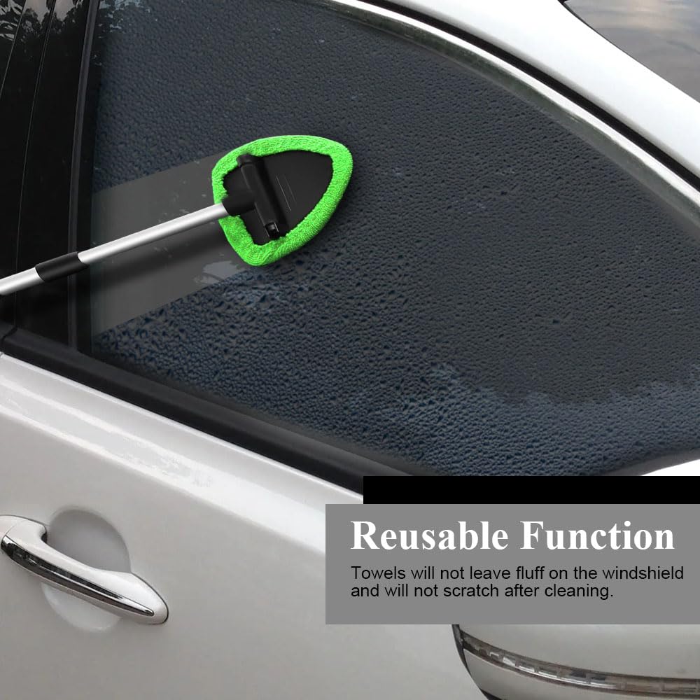 Herramienta de limpieza de parabrisas, limpiador de ventanas de coche, limpiador de parabrisas con 4 almohadillas de microfibra lavables reutilizables y mango extensible, kit de limpieza