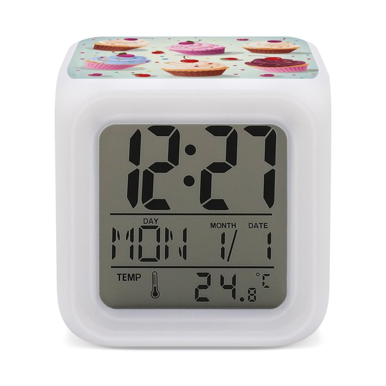 JTREHY Delicious Cupcakes Alarm Clock Seven Color Night Light Digital Clock Precision Reliable Alarms Clocks for Bedroom Heavy Sleepers Adults Gift for Men and Women