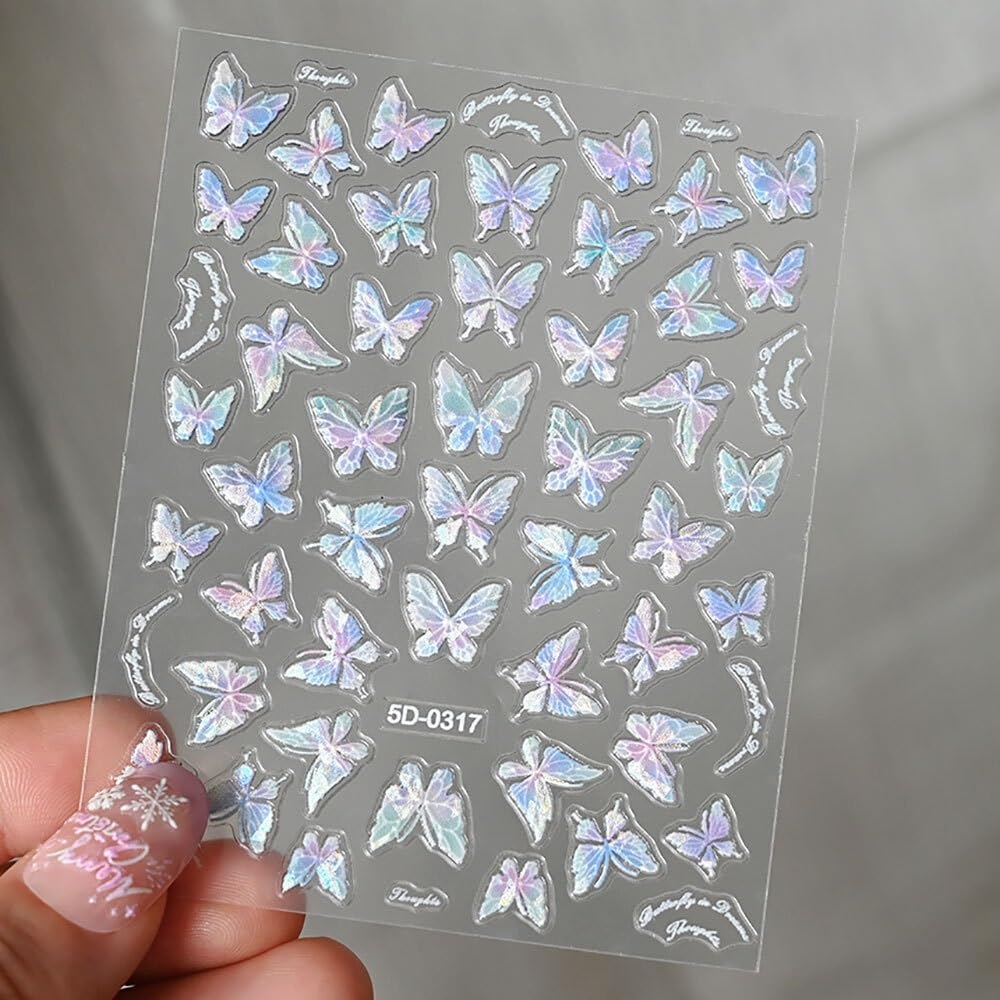 10pcs Pink Purple Aurora Shell Butterfly Nail Stickers Shiny 3D Butterflies Decals 8 * 10cm Adhesive(Green)