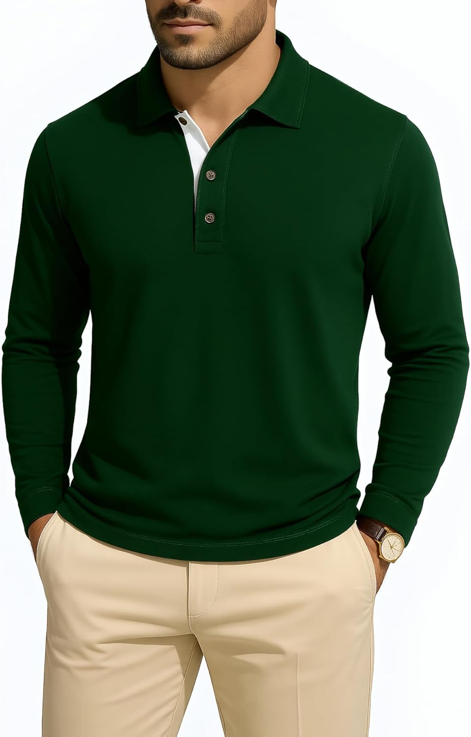 KUYIGO Men's Long Sleeve Polo Shirts Casual Slim Fit Basic Designed Cotton Shirt Tops
