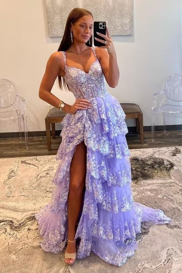 Sparkly Sequin Tiered Tulle Prom Dress for Women with Slit Sweetheart Sleeveless Ruched Evening Ball Gown for Teens2