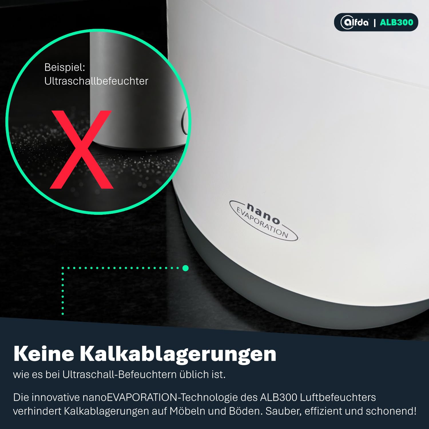 alfda ALB300 Luftbefeuchter bis 44 m² 2,8 L Tank | Leise 24 dB, Kaltverdunstung mit antibakteriellem Filter, Automatikmodus mit Sensor