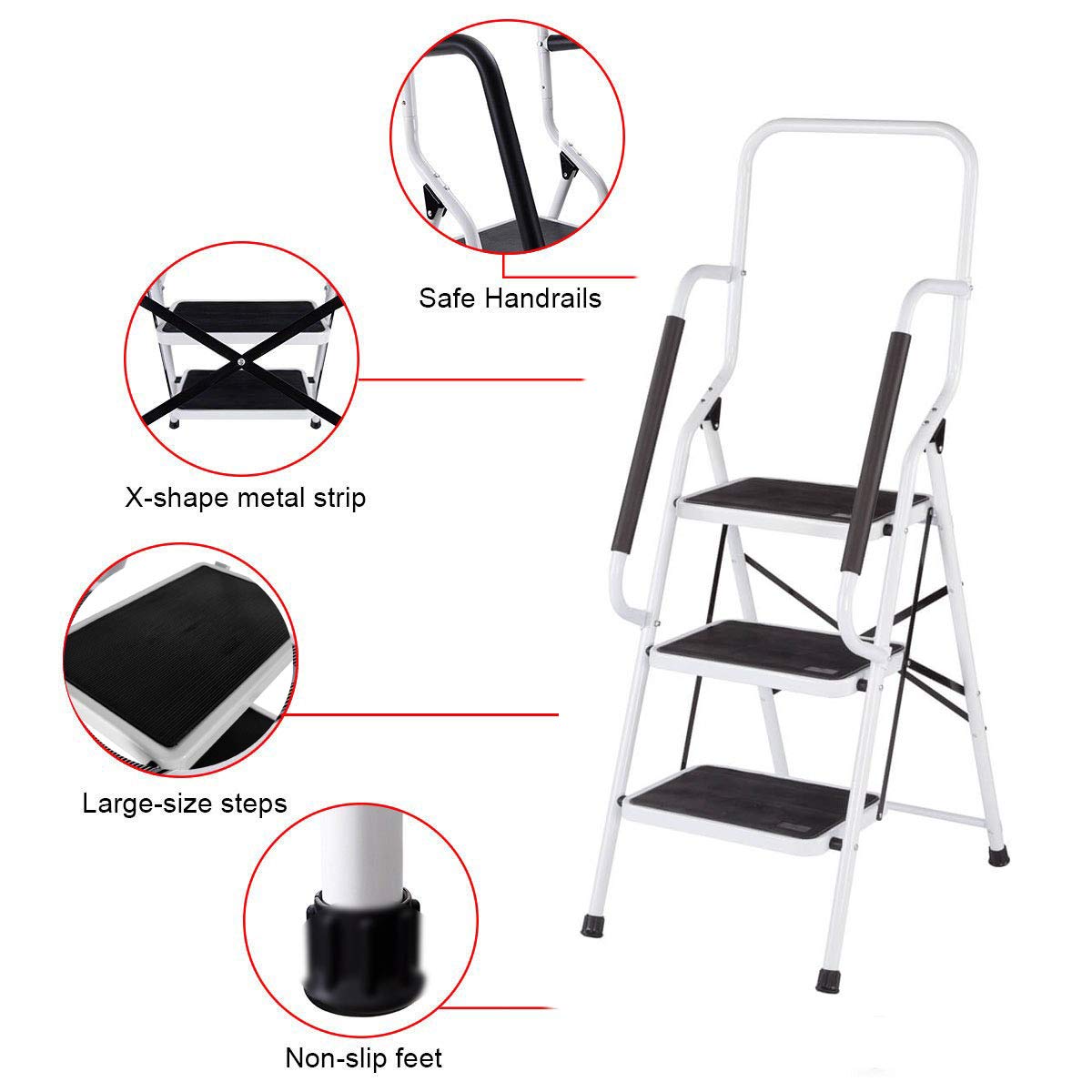 Escabeau Robuste à 3 Marches avec Main Courante de Sécurité Tabouret Pliant Portable Marches en Caoutchouc Antidérapant Pédales Capacité de Charge Maximale 150kg