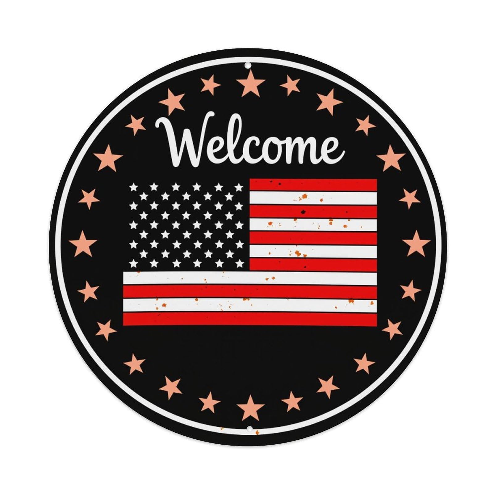 Welcome American Flag Stars Circle Vintage Metal Tin Sign Retro Wall Decor for Home Bar Garage Cafe, Indoor & Outdoor Decorative，circle Metal Poster, 8x8 Inch