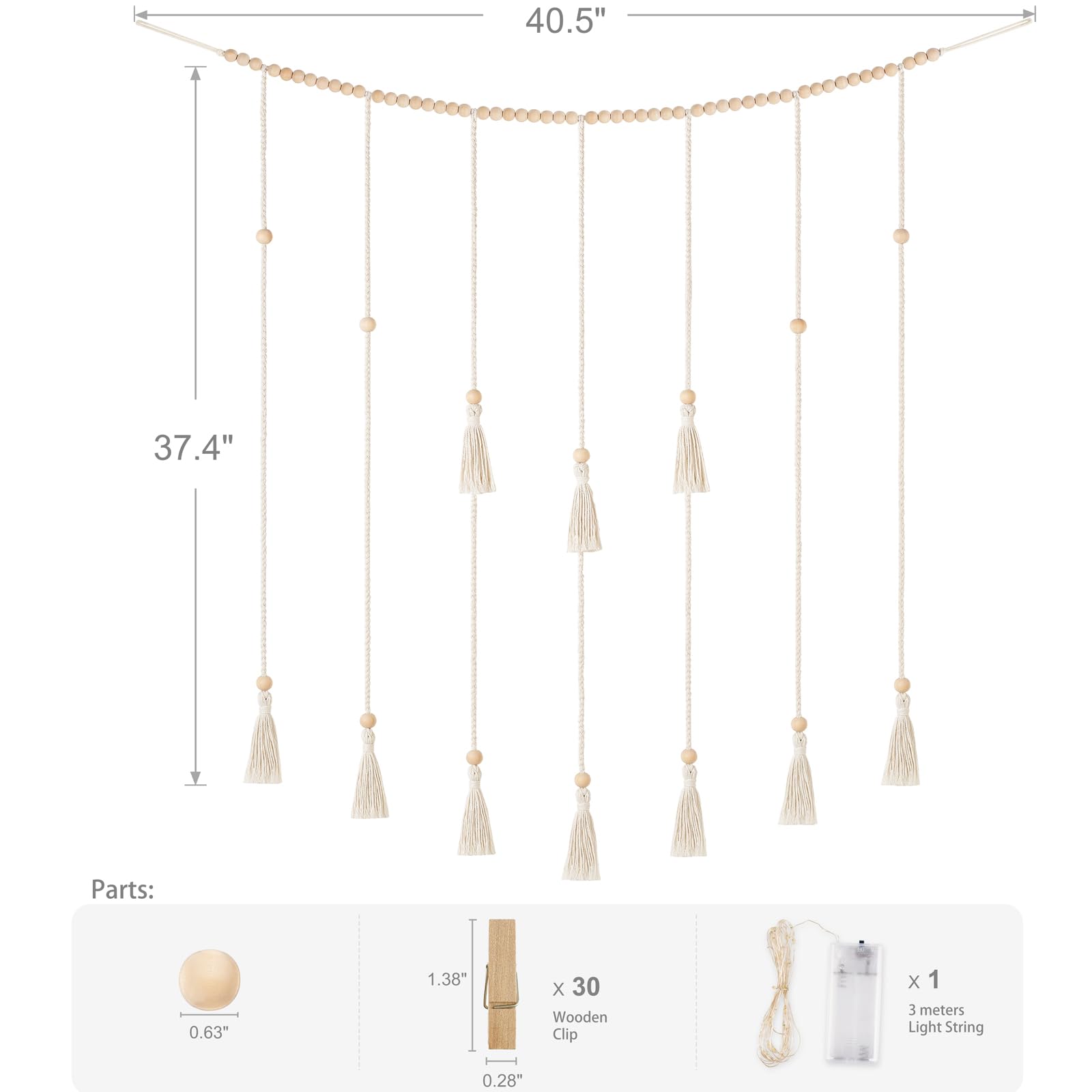 Decoración de pared colgante de macramé con tira de luces, estilo bohemio, habitación, cuentas de madera, guirnalda con 30 clips 6