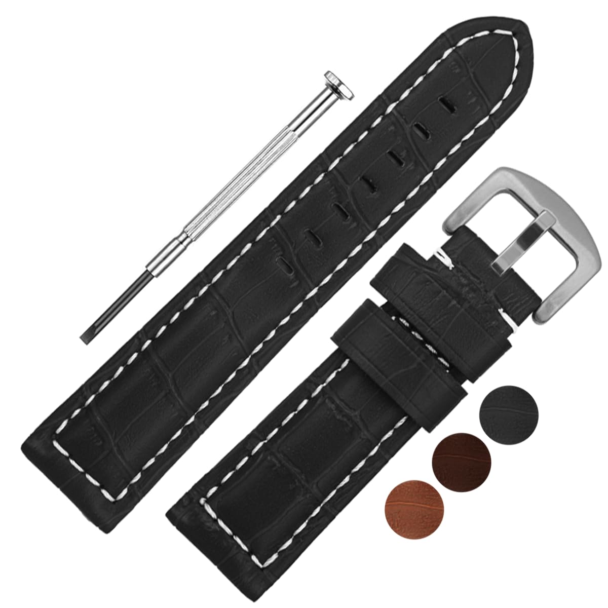 DBLACK KID Genuine Leather Watch Straps, Half Padded, White Stitch Design, Matte Finish, Genuine Leather Watch Strap // For 20mm, 22mm, or 24mm Genuine Leather Watch Bands (Choose Your Size & Color) (Black, 24mm) (B0D4D38RPJ) Amazon Price History, Amazon Price Tracker