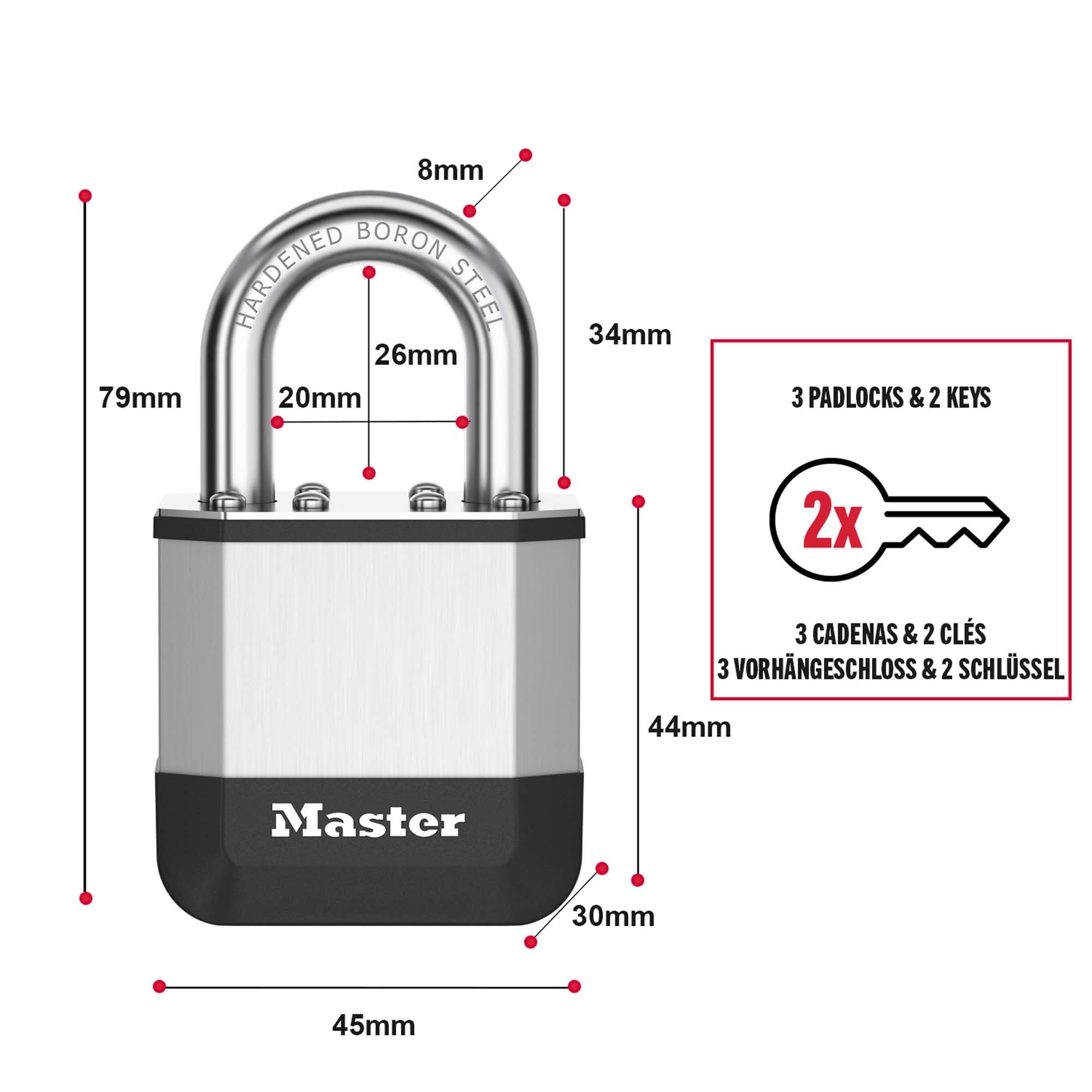 Master Lock Elite™ 45 mm kłódka, pałąk 25 mm (Opak. 3)