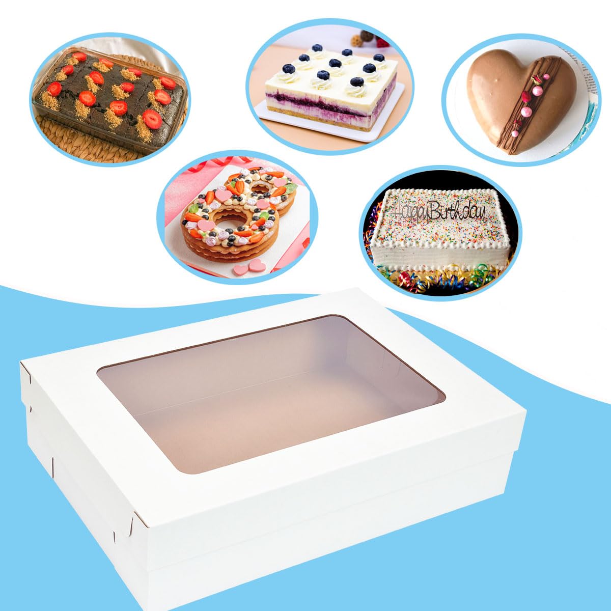 JJO Paquete de 6 cajas para tartas con ventana, cajas grandes de panadería corrugadas rectangulares para donas, brownies, pastelería, magdalenas, suministros de decoración (20 x 14 x 5 pulgadas)