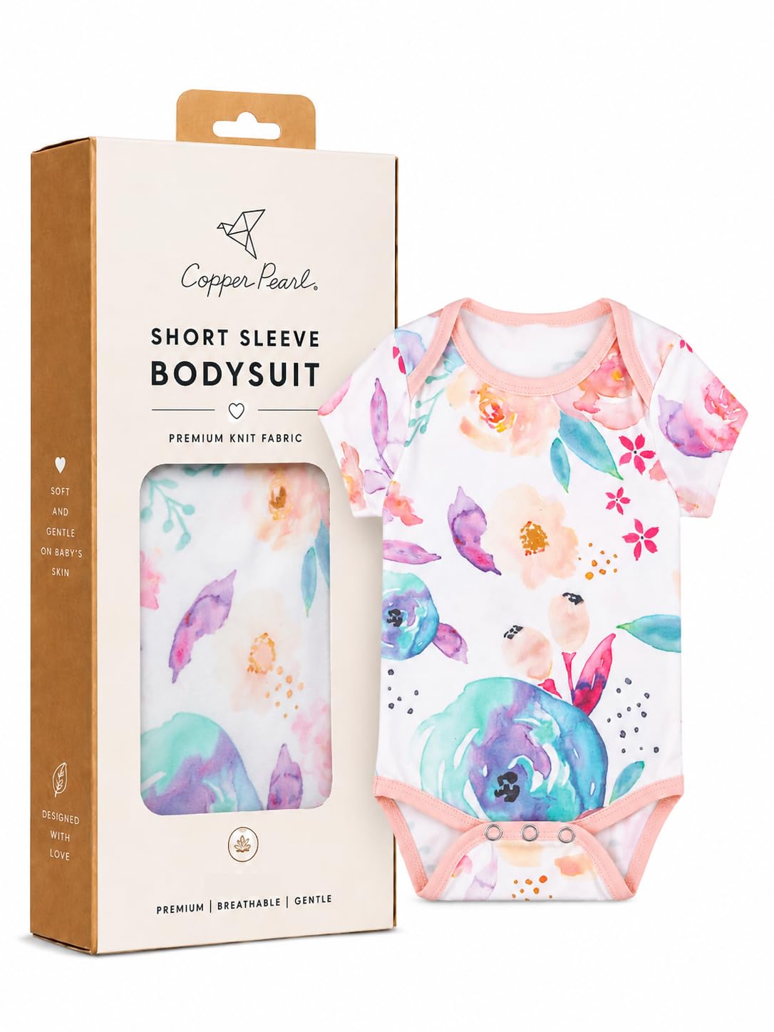 Copper Pearl Short Sleeve Bodysuit Baby: Ultra Soft Bodysuits for Newborns, Boys, Girls, and Infants - Stylish, Comfortable, Overlap Shoulders, Premium Knit Fabric - Bloom, 0-3 Months