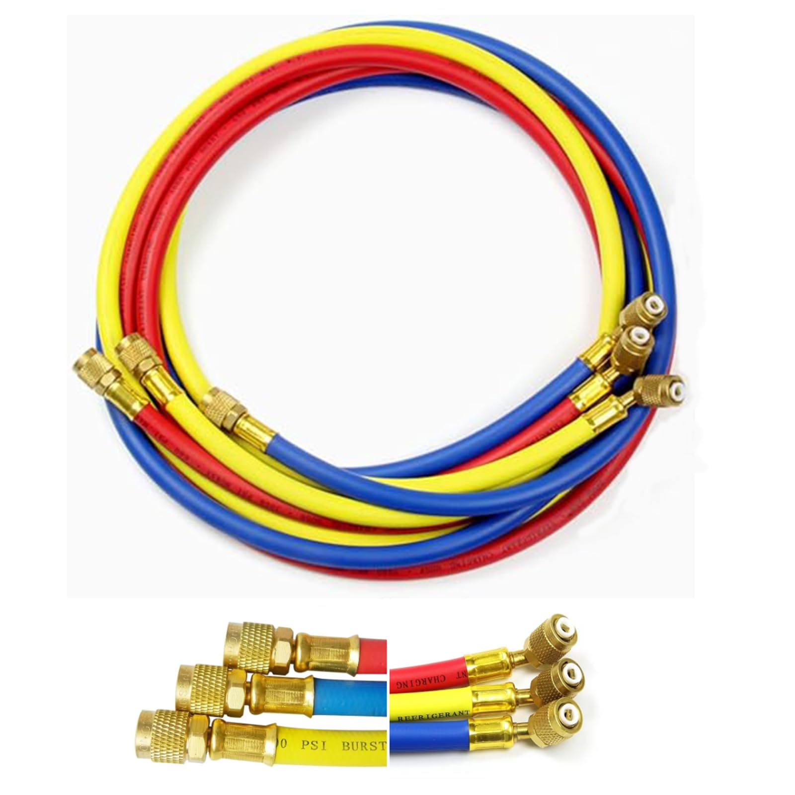 Tuyau de charge pour réfrigérant de climatisation, 59,8", 600-3000 psi, tuyau de remplissage pour climatisation, tuyaux de remplissage de réfrigérant 1/4" pour R134a, R12, R2, R502, 3 couleurs