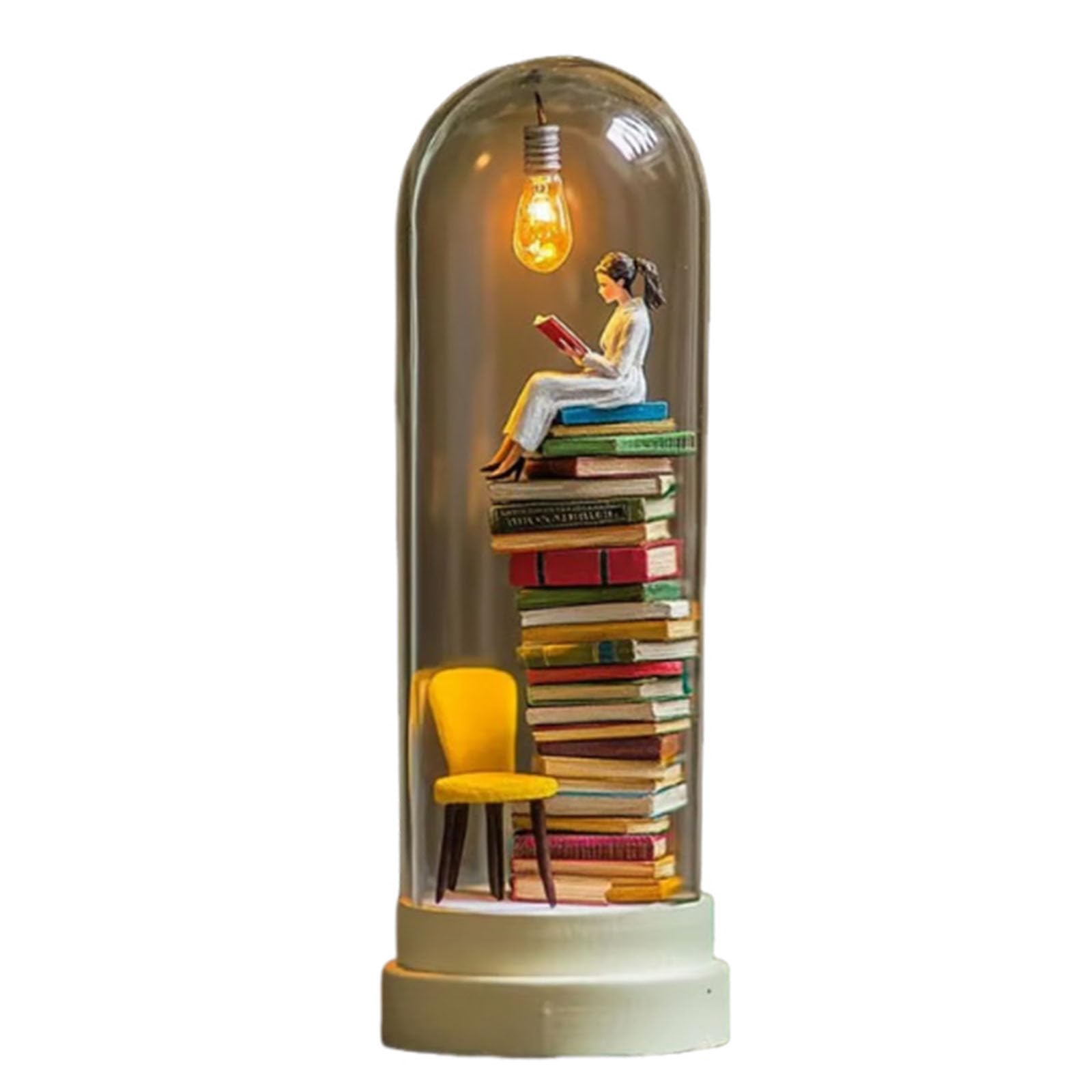 Reader Night Light, Miniature Book Lover LED Lamp with Tiny Books, 3D Bookshelf Sculpture, Warm Eye-Caring Light, Gift for Book Lovers, Home & Office Decor (B)