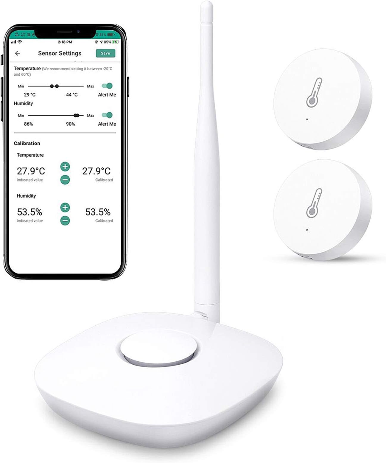 MOCREO Indoor Thermometer Hygrometer, Wireless Temperature Humidity Sensor Hub with App Alert & Data Export, WIFI Temp Gauge Humidity Sensor Monitor for Home Greenhouse Garage Cigar Wine Humidor 2Pack